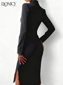 DONICY Women's Elegant Black Double-Breasted Solid Color Blazer Jacket, Fashionable Casual Long Coat With Buttons, Autumn/Winter