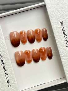 10片手工椭圆形亚克力美甲贴片，短款，简约粉棕渐变，闪亮金色猫眼，简约优雅奢华手工美甲，秋季美甲，秋季贴片美甲，可爱美学，百搭美甲，DIY假指甲，派对日常及约会适用，海滩热带度假适用，可重复使用，适合女性和女孩作为礼物美甲用品 - 彩色 - 查看 1