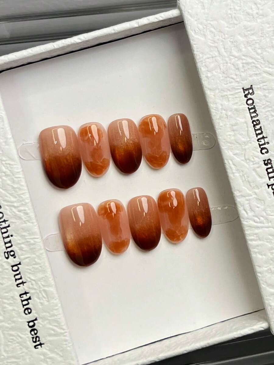 10片手工椭圆形亚克力美甲贴片，短款，简约粉棕渐变，闪亮金色猫眼，简约优雅奢华手工美甲，秋季美甲，秋季贴片美甲，可爱美学，百搭美甲，DIY假指甲，派对日常及约会适用，海滩热带度假适用，可重复使用，适合女性和女孩作为礼物美甲用品 - 彩色 - 查看 1