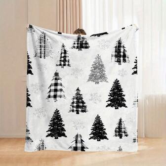 1 Piece Christmas Tree And Snowflake Printed Flannel Blanket - Black And White Plaid Holiday Design, Pine Tree Pattern, Soft And Warm All-Season Home, Travel, Camping, Office Throw Blanket - Machine Washable Comfortable Gift, Suitable For Christmas, New Year, Winter Decoration