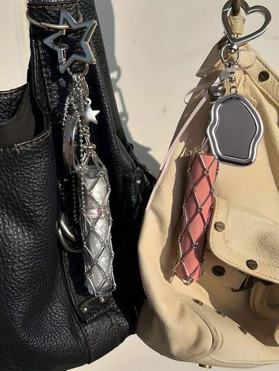 Metal Lipstick Holder Keychain, With Replaceable Stainless Steel Mesh Bag, Heart And Star Shaped Lipstick Case Charm, Built-In Mini Mirror, Fashionable Hanging Decor, Suitable For Storing Lip Balm And Cosmetics, Stylish Accessory For Handbags And Wallets, Portable Makeup Item For Women, Girls, Beauty Lovers And Gift Givers.