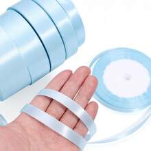 Ruy băng satin màu xanh nhạt, dài 25 thước/cuộn, chất liệu vải bóng, màu trơn, thích hợp để tự làm thiệp mời cưới, bó hoa cưới, gói quà, trang trí tiệc, đồ thủ công may vá, trang trí bánh cưới và sinh nhật, phụ kiện cưới, viền trang phục thanh lịch. - Màu xanh nhạt - Xem 7