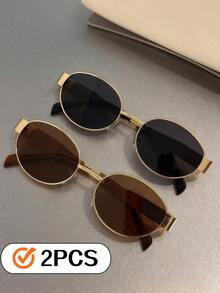 2pcs Metal Frame Oval Retro Fashion Glasses, Fashionable Design For Women, Suitable For Everyday Wear, Traveling & Beach Preppy Style For Back To School - Gold Gray + Gold Tea - View 4