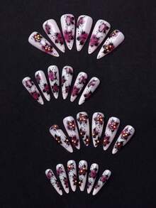 NAIO Enhance Your Style, 24 Pieces Long Almond Autumn And Winter Nails, Floral And Polka Dot Nails, Steel Ball Design, French Acrylic Press-On Nails, Perfect Fit False Nail Set, Including: 1 Piece Jelly Gel And 1 Nail File. Easy To Wear Autumn Nails And French Tip Nail Art, Suitable For Women Girls Daily Work Wear, Rave Party Use Nail Art Supplies