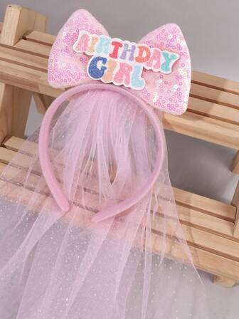 1pc Birthday Girls Headband For Girls Large Pink Veil Hairband Pink Sequins Big Bow Headdress Colorful Letter Hair Hoop Cute Sweet Princess Headwear Birthday Party Headband Teens Hair Accessory
