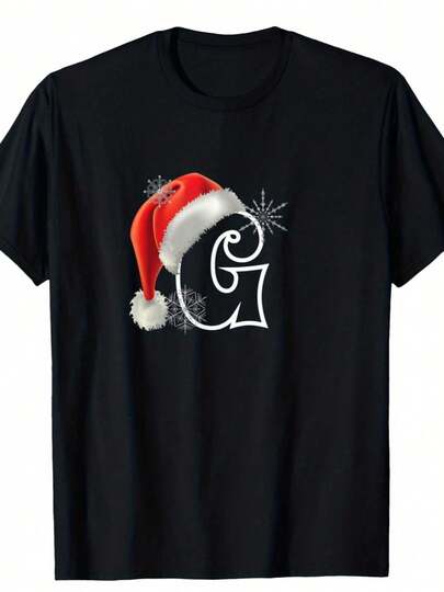 Christmas Santa Claus Graphic T-Shirt With Initial G - 100% Unisex Casual Round Neck Short Sleeve Tee, Slightly Elastic For Spring Summer Fall, S-XXXL Sizes, Holiday Party & Casual Attire, Christma Hat Funny, Men T Shirt, Funny T-Shirt/Shirt