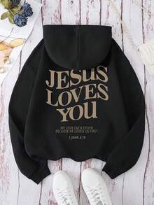 Women's Hooded Sweatshirt With Long Sleeves And Letter Pattern, Perfect For Autumn And Winter Seasons. - 黑色 - 查看 1