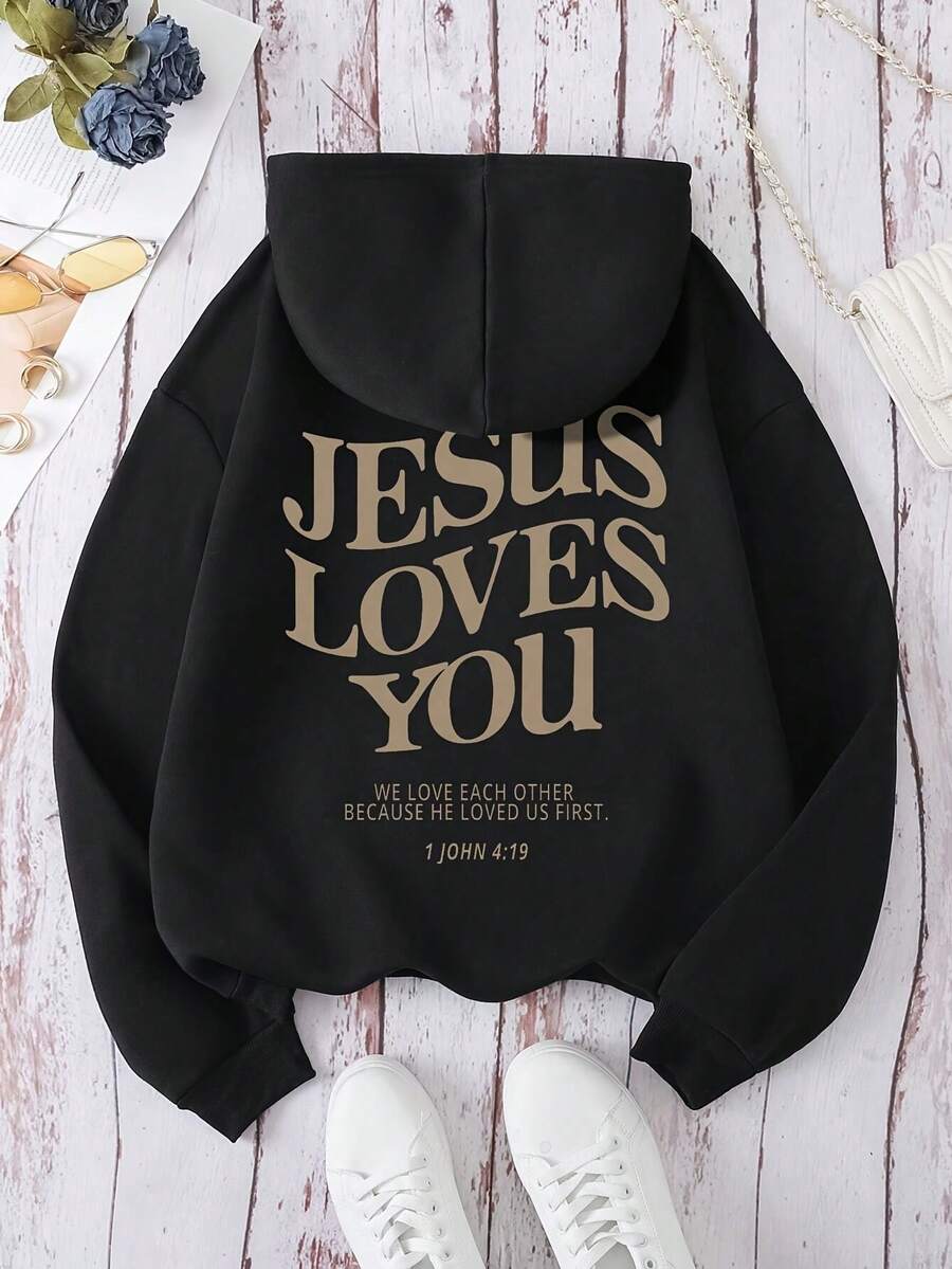 Women's Hooded Sweatshirt With Long Sleeves And Letter Pattern, Perfect For Autumn And Winter Seasons. - 黑色 - 查看 1