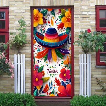 2D门旗，1件装墨西哥主题派对涤纶门旗，无需电源，带有节日帽子和花卉图案，适用于前门/室内/室外/庭院装饰，墨西哥节日庆典派对装饰
