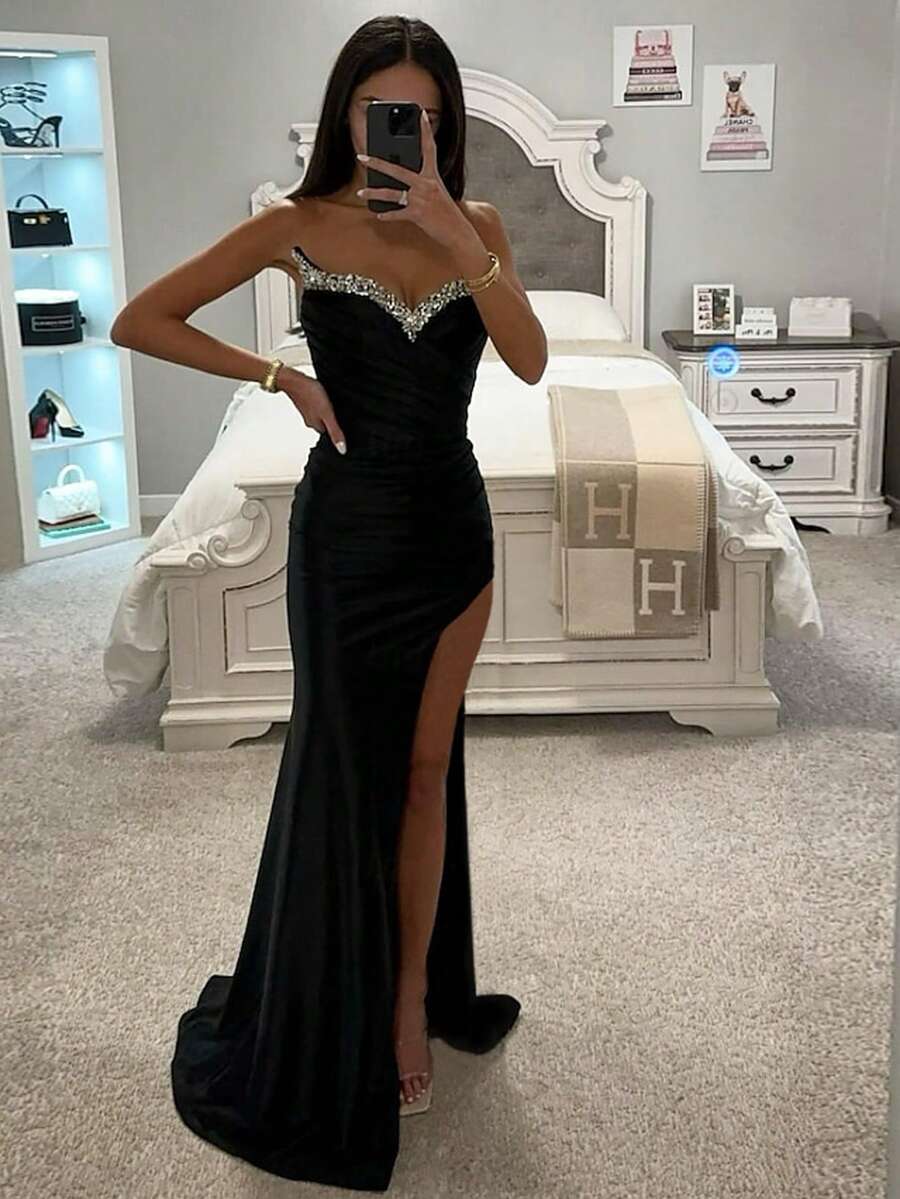 Basrey Black Strapless Hot Stamping Diamond V-Neck High Slit Backless Evening Gown Fishtail Skirt Long Dress, Perfect For Attending Formal Dinners And Ceremonies - Black - View 1
