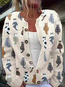 Women's Elegant Lightweight Cardigan Cute Cat Print Button Front Cardigan Round Neck Long Sleeve Polyester Knit Top Casual Elegant Outerwear Cardigans For Women Lightweight Sweaters For Women Suitable For Layering And Matching - 混合色 - 查看 1