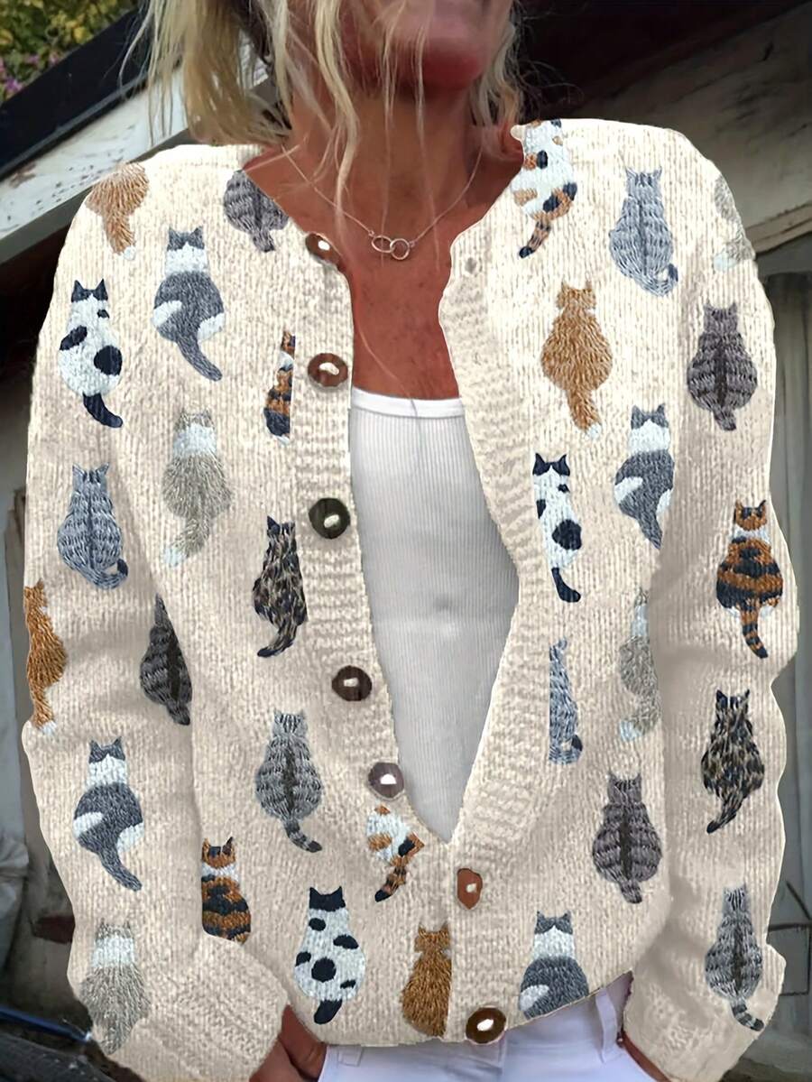 Women's Elegant Lightweight Cardigan Cute Cat Print Button Front Cardigan Round Neck Long Sleeve Polyester Knit Top Casual Elegant Outerwear Cardigans For Women Lightweight Sweaters For Women Suitable For Layering And Matching - 混合色 - 查看 1