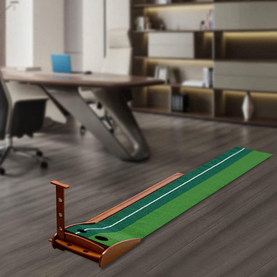 Indoor Golf Putting Practice Mat And Practice Equipment With Automatic Return Training Assistance, Putting Training Equipment With Aiming Line, Dual Hole Design - Wood+Green - View 1
