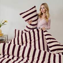 Luxury Queen Comforter Set Brown Stripes Velvet Feel Milk Fleece Comforter Queen Modern Style Striped Beding With 250g Microfiber Filling Lightweight 3 Pcs Boho Bedding Quilt Farmhouse Striped Fluffy Bed Set 1 Comforter 2 Pillowcases - Brown - View 8