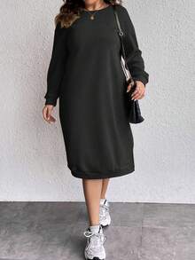 Valentine's Day Plus Size Women's Spring And Summer Fashion Letter Print Long Sleeve Loose Casual Straight Sweatshirt Dress - Black - View 3