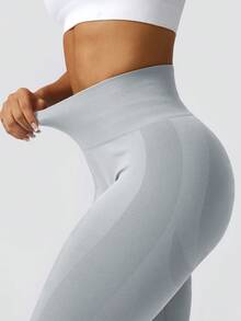 1pc Women's Fashionable Solid Color Ribbed Leggings For Hiking & Sports - Silver - View 4