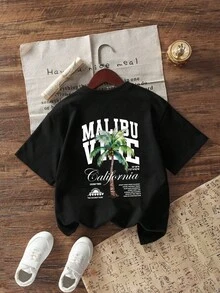 青少年女孩休闲趣味印花圆领短袖 T 恤上衣，夏季