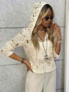 جاكيت كاجوال بغطاء رأس مجوفة مصنوعة بالكروشيه بأكمام ثلاثة أرباع وياقة دائرية مزينة بشراريب - لون مشمشي - مشاهدة 4