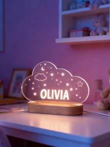 [Custom Text]Personalized Cloud-Shaped Night Light, Wooden Base With Starry Sky Design, Custom Name Lamp For Kids' Bedroom/Christmas Gifts, Unique Decorative Light For Memorable Celebrations - Multicolor - View 5
