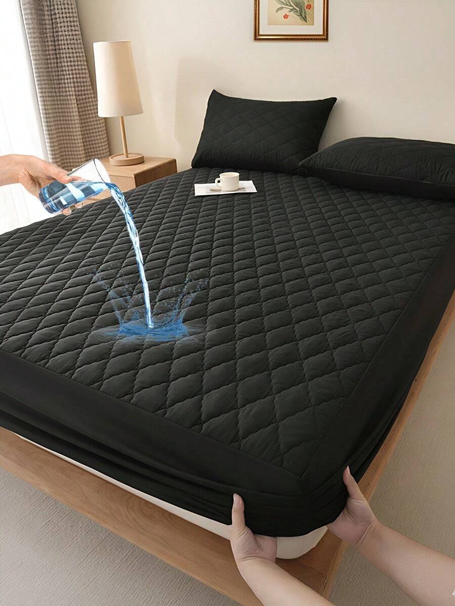1pc Waterproof Fitted Sheet, Bedding, Stitch Fitted Sheet, Skin-Friendly Mattress Cover, Soft And Comfortable Bedding For Bedroom, Room Decor, 11.8 Inch Deep Pocket Cooling Breathable Quilted Square Lattice Fitted Sheet For All Seasons, For Single, Twin, Full, Queen And King Size, Solid Color Mattress Protective Cover, Dustproof, Comfortable And Machine Washable - Deep Black - View 1