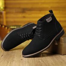 Men's Vintage Solid Color Lace-Up Low Heels Loafers, Breathable And Non-Slip, Daily Essential Men Casual Short Boots For Office And Daily Life, All-Match Party Dress Men Shoes - 黑色 - 查看 5