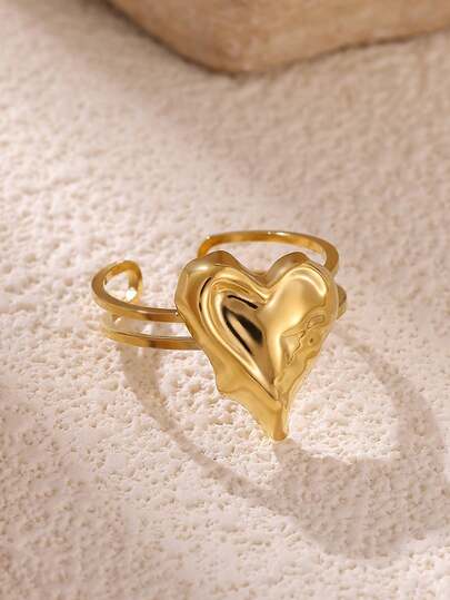1PC Stainless Steel Heart Ring For Women Gold Color Geometric Heart Adjustable Ring Wedding Christmas Jewelry Hypoallergenic Gift