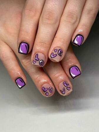 24片装短方形美甲贴片套装，紫色主题，字母、涂鸦爱心图案，独特设计，黑色边框，包含一片凝胶美甲片和一把指甲锉，适合女士美甲装饰，紫色美甲，按压式美甲