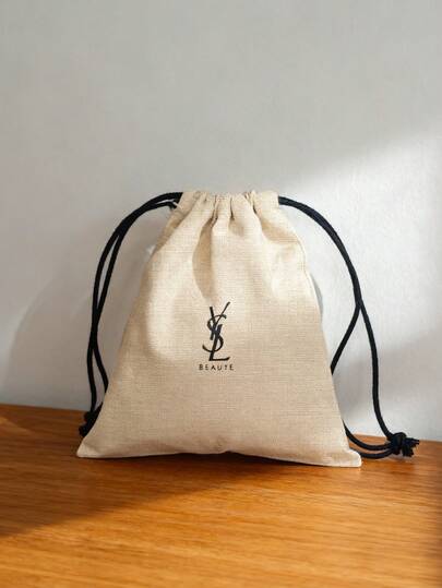 Yves Saint Laurent Materiel Beauty Drawstring Pouch, White Canvas Makeup Bag With Black Logo & Cord, Reusable Cosmetic Storage Bag