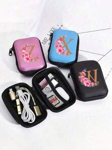 1 Stück Blumen A-Z Buchstaben PU Leder Aufbewahrungsbox, Kartenhalter, Ausweis/Namenskarten Organizer, geeignet für Reisen, Digitalzubehör, Kopfhörertasche - Verschiedenfarbig - Übersicht 8