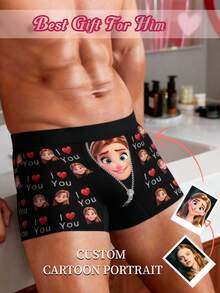 1pc Customized Men's Briefs - Personalized Cartoon & "I Love You" Zipper Design, Customized Men's Underwear | Top Birthday/Anniversary Gift, Ideal Boyfriend Gift, Customizable Men's Underwear, Men's Gift, Christmas Gift, Adult Christmas Stocking Stuffer, Thanksgiving, Thoughtful Versatile Gift For Boyfriend - Multicolor - View 1