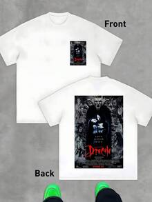 A Somber Figure Surrounded By Creatures Carved In Stone Evokes The Struggle Between Eternal Love And Darkness, Displaying Intensity And Mystery In Every Detail. Men's T-Shirt, Double-Sided, 100% Cotton, 220g - 白色 - 查看 8