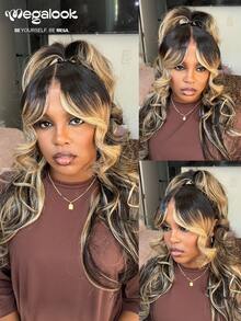 MEGALOOK 升级款 13x6 三合一™ 无胶假发，渐变铂金色挑染，自然波浪卷发，带抽绳 - 100% 真人发透明蕾丝前假发，预剪耳到耳蕾丝无胶假发，预拔毛自然发际线，波浪卷发，彩色假发 - 流行色(其他顏色) - 查看 4