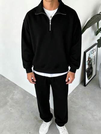 男士春秋季休闲运动套装，简约日常风格，长袖衬衫和长裤套装