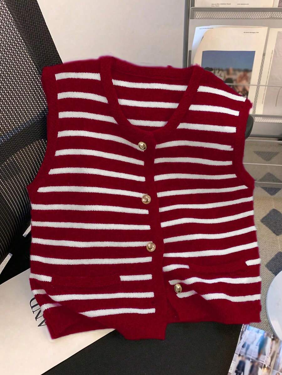 Plus Size Women's Red Contrast Stripe Metal Button Casual Knit Vest, Suitable For Christmas - Red - View 1