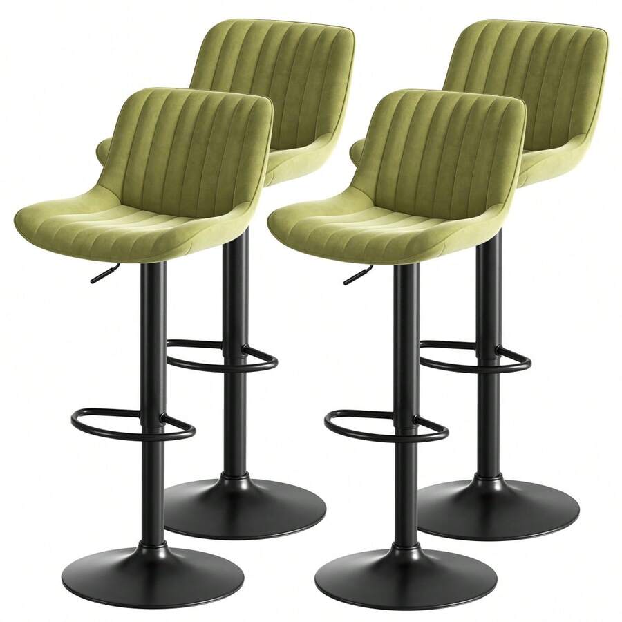 Black Dining Bar Swivel Chairs, Set Of 4 – Upholstered In Velvet, Height Adjustable, 360° Swivel Function - Green + Iron + Metal & Wood + Velvet + Foam - View 1