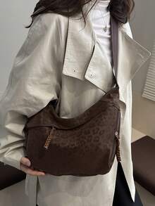Fashionable Leopard Print Matte Shoulder Bag, Casual Minimalist College Style Wide Strap Crossbody Bag With Multiple Zipper Designs, Suitable For Students, Commuting, Shopping, Daily Use - Brown - View 4