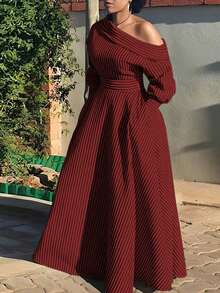 Plus Size Women's Dress, Colorblock Striped Print, Asymmetric Collar, Long Sleeve Shirt Dress, Pocket Design, Casual Daily, Fashionable & Elegant, Suitable For Vacation, Office Commute, Autumn/Winter - Red - View 2