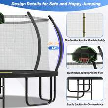 14FT Trampoline With Basketball Hoop For Kids And Adults, Round Outdoor Trampoline With Enclosure Net & Curved Poles & Ladder - Black + 14FT - View 6
