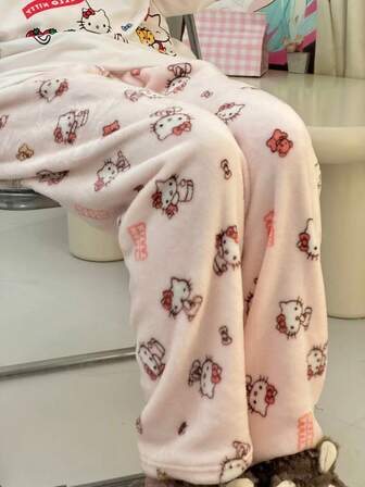 Sanrio 1 st. dam Hello Kitty tecknad söt flanellpyjamasbyxor med varma, termofodrade och fluffiga detaljer, bekväma, löst sittande byxor, lämpliga för höst/vinter, mysiga