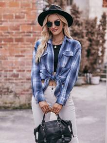 Camisa De Cuadros Para Mujer, Camisas De Gran De Manga Larga Para Mujer, Camisas De Moda Manga Larga Con Botones A Cuadros Para Mujer, Ajuste Holgado, Con Botones, Clásica A Cuadros, Camisa De Moda Informal Elegantes - Azul - Ver 6