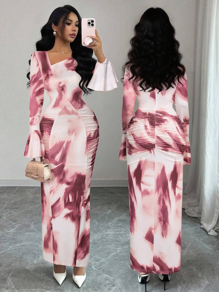 Women's Asymmetrical Waist-Cinched Pleated Bodycon Long Dress, Suitable For Christmas, New Year, And Dates - Rose Pink - View 1