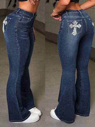 Teen Girl Creative Cross-Stitch Embroidery Back Pocket Skinny Jeans