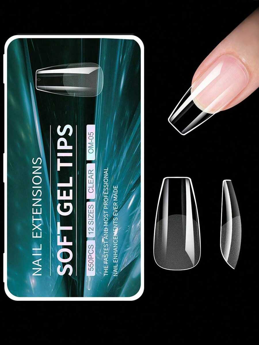 550pcs Matte Soft Gel Nail Stickers, Coffin Shape Full Coverage, Removable, Firm Adhesion, Suitable For DIY Manicure Nails - Clear - View 1