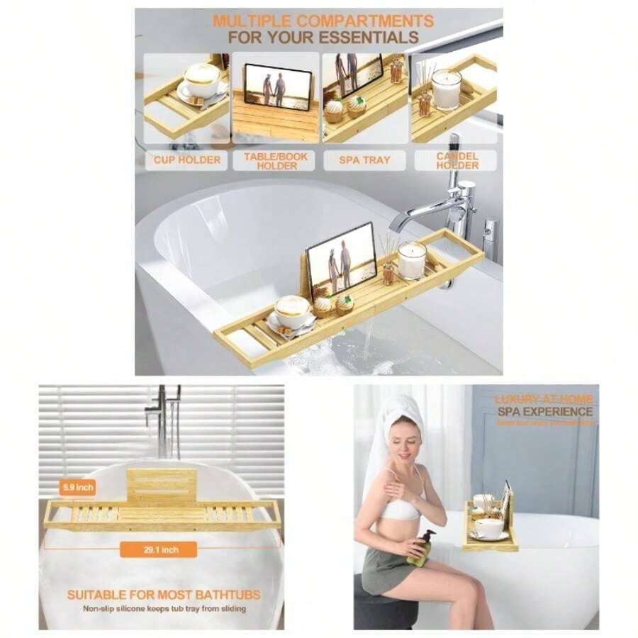 Bathtub Tray Caddy - Bath Tray - Bath Tub Table Tray Caddy - Bath Tray Tub - Bamboo - 查看 1