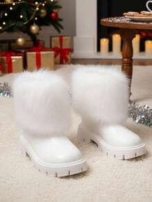 1 Pair White Princess Mid-Calf Boots For Girls, Fashion Zipper Design, Anti-Slip Rubber Soft Bottom, Warm Fur Collar, Soft PU, Thick Sole, Elevated, Suitable For Performance, Skiing, Snowball Fighting, Infant & Toddler Girls, Winter 2025 New Arrival - White - View 10