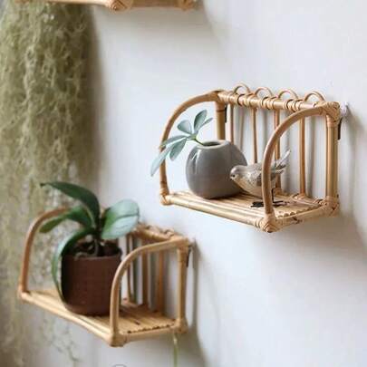 藤制落地置物架，壁挂式家用收纳架，客厅小型书架，北欧风木质花盆架，厨房收纳整理架
