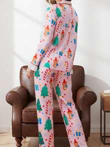 Women's Christmas Pajama Sets Fashionable Printed Button Down Ruffle Tops With Pants 2Pcs Soft Sleepwear - Pink - View 2