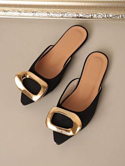 女士时尚金属扣装饰平底尖头复古绒面革透气一脚蹬乐福鞋，百搭日常穿着大码穆勒鞋