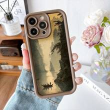 Cubierta de teléfono con borde negro diseño paisaje montañoso con barco en agua reflejante estilo oriental para uso diario y viajes - Negro - Ver 5