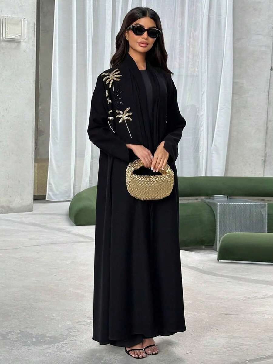 端庄女士阿拉伯迪拜串珠刺绣黑色长袍 - 黑色 - 查看 1